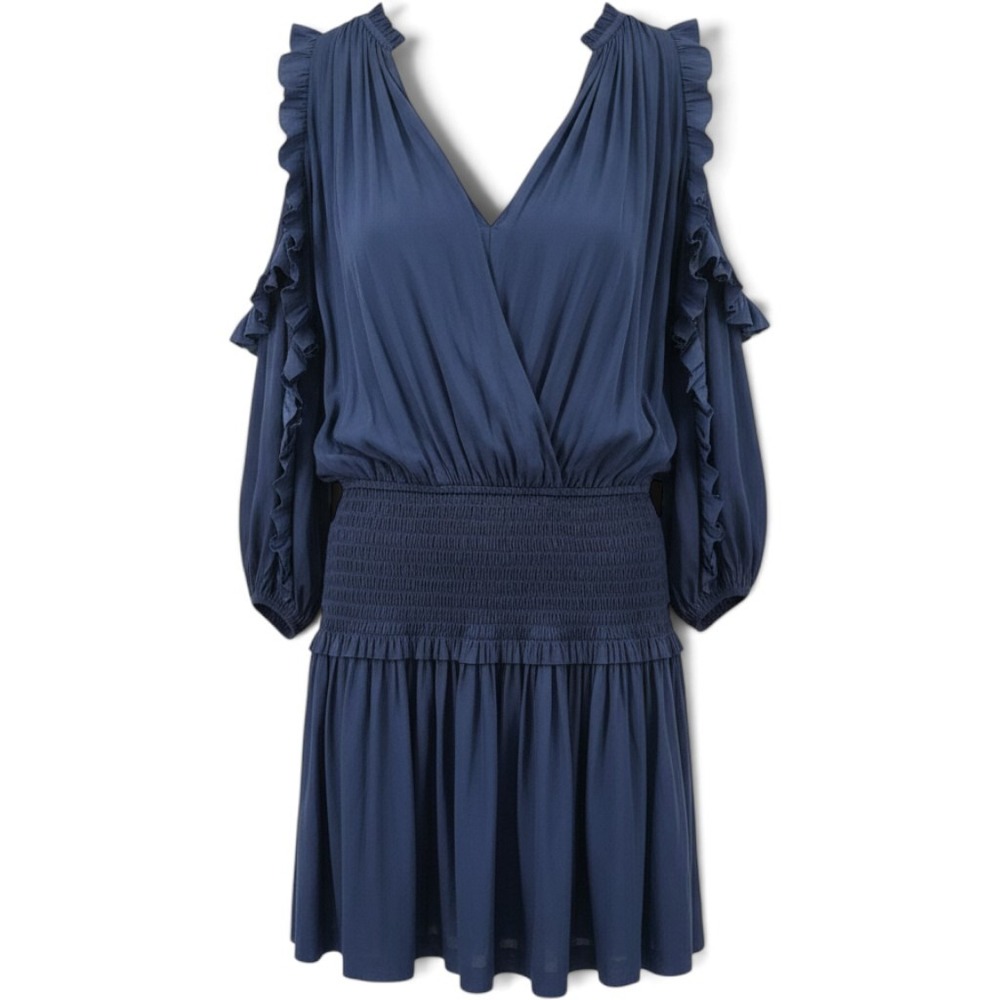 Ulla Johnson Dress Womens 2 Romina Navy Blue Ruffle Cold Shoulder Mini EUC